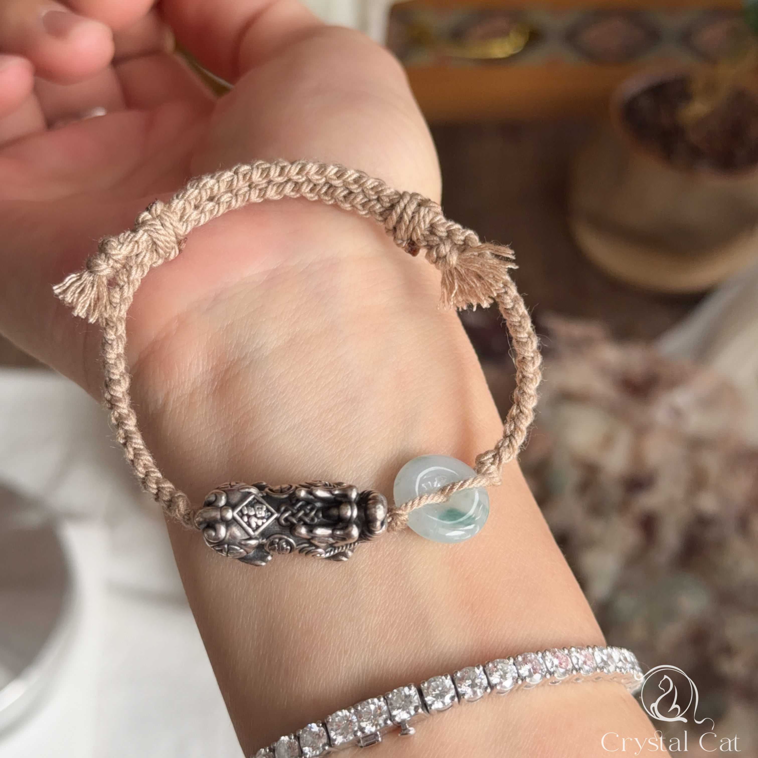 純銀貔貅+天然翡翠平安扣襯手绳