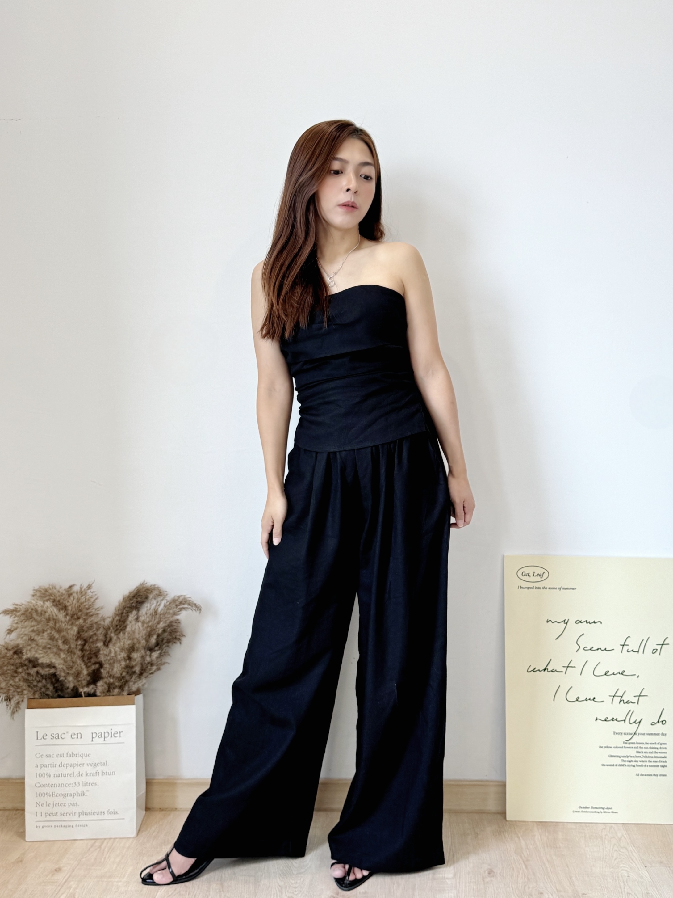 Luna Linen Tube Top +Trouser Sets 亚麻抹胸上衣 + 直筒阔腿裤两件套( 2 colours )