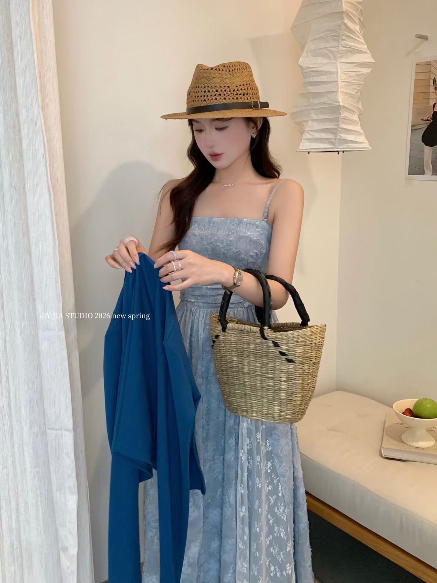 1746 Misty Blue Cami Dress Set雾蓝提花长裙套装