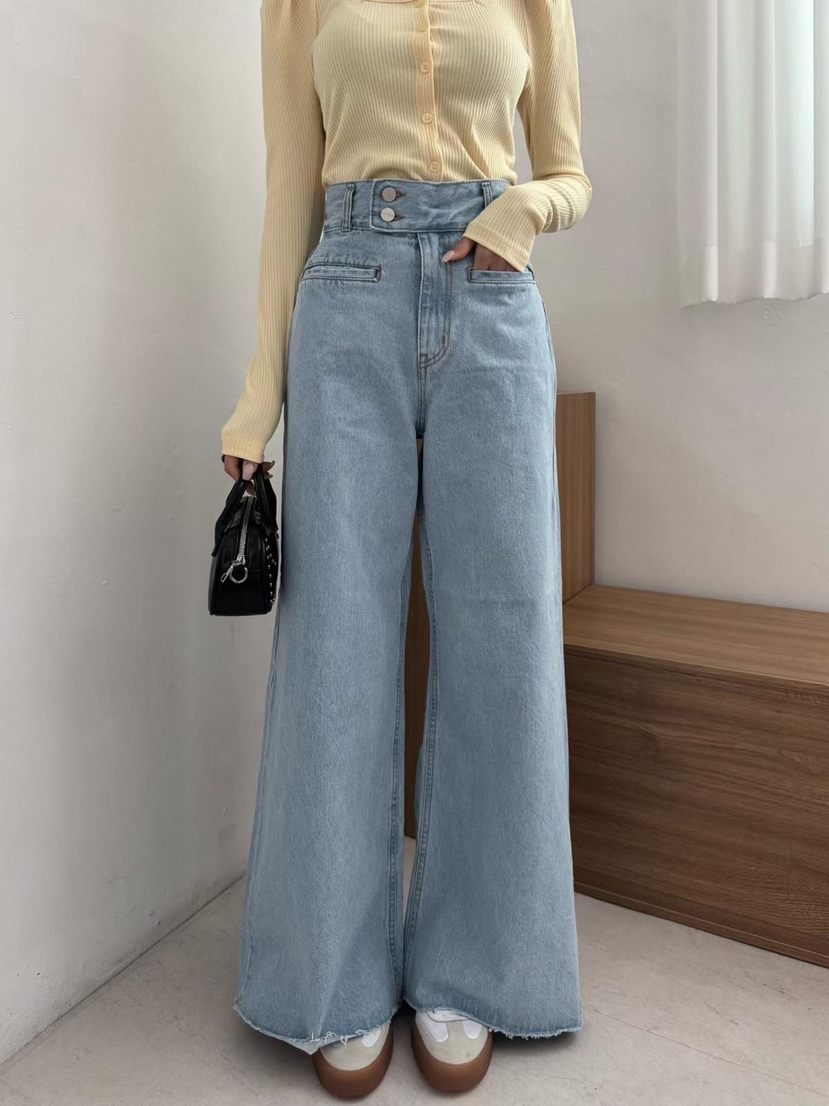 側扣高腰牛仔褲