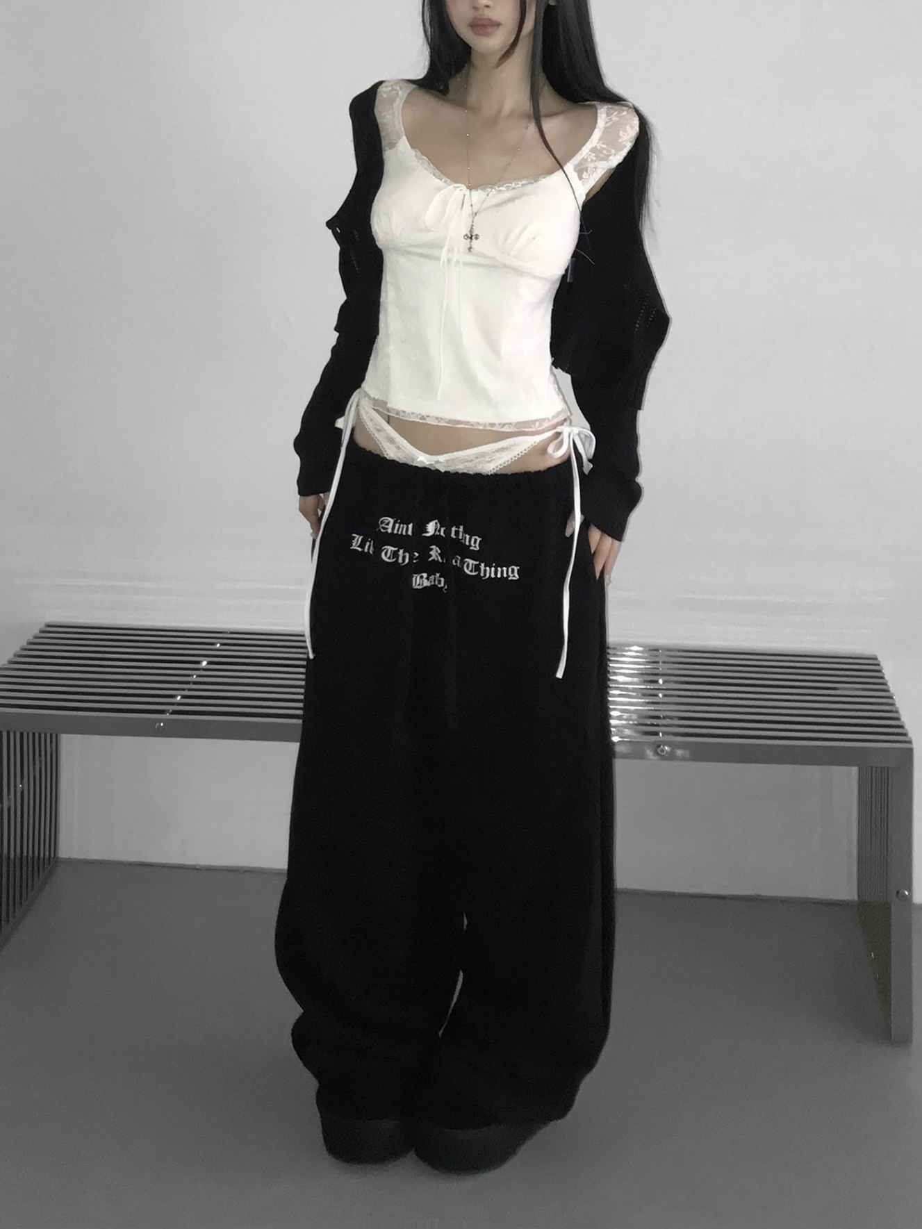 Layered Lace Waist Graphic Wide Leg Pants