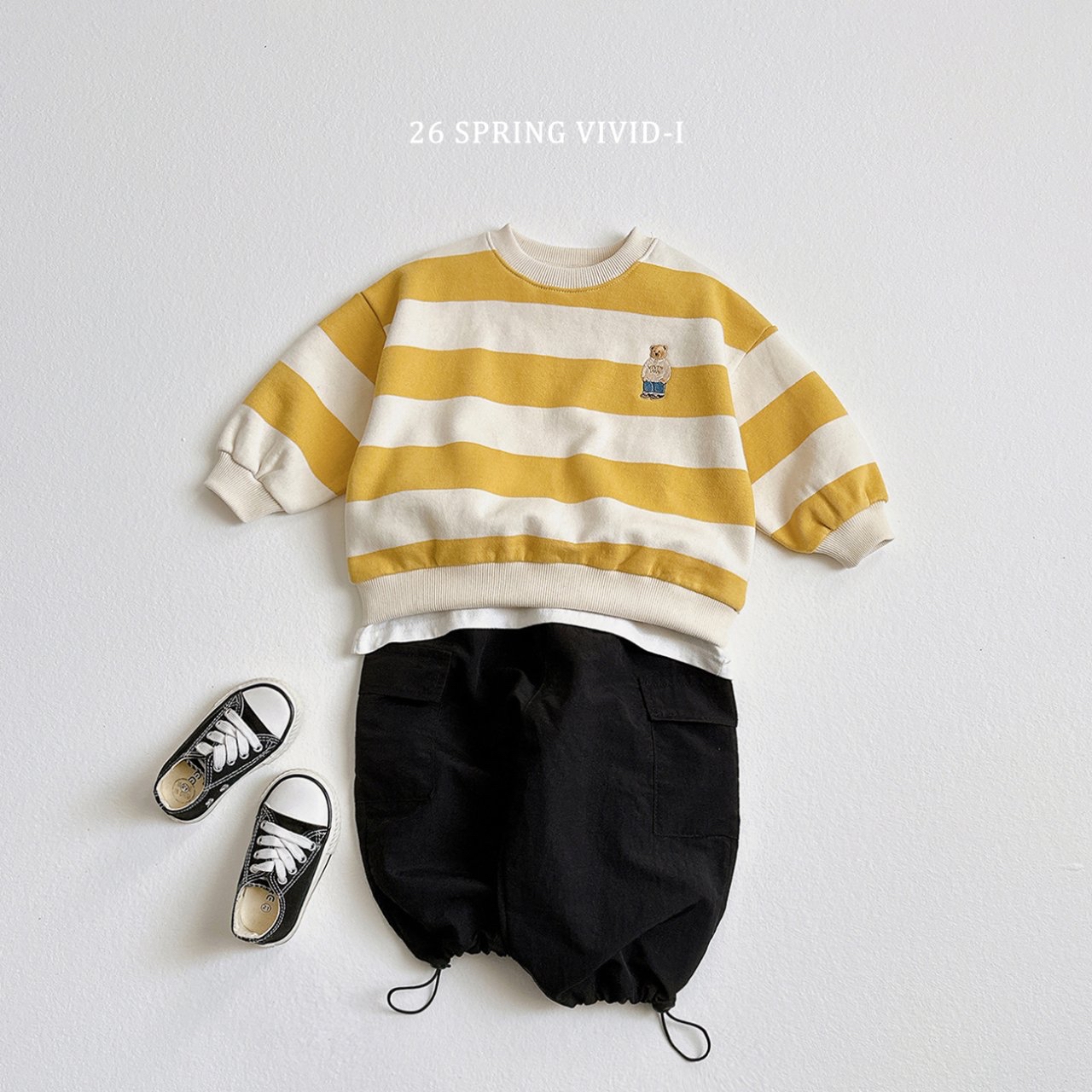 🌸預訂 韓國直送🌸🇰🇷VIVIDI四色標誌性小熊刺繡拼色條紋毛圈寬鬆衛衣