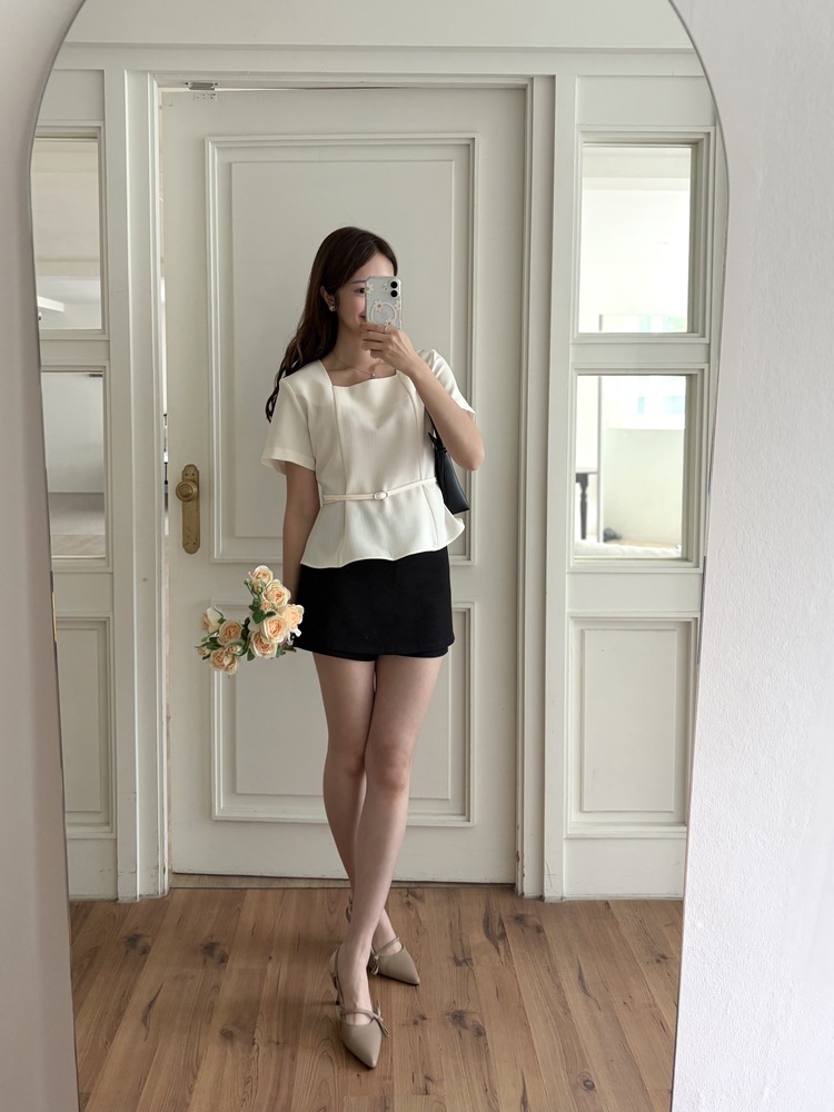 Square Neck Belted Blouse (Ivory)