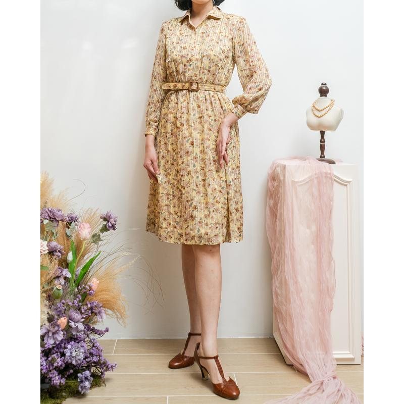 Vintage Japanese Cream Yellow Chiffon Long Sleeve ShirtDress with Original Belt(MT1608-87)
