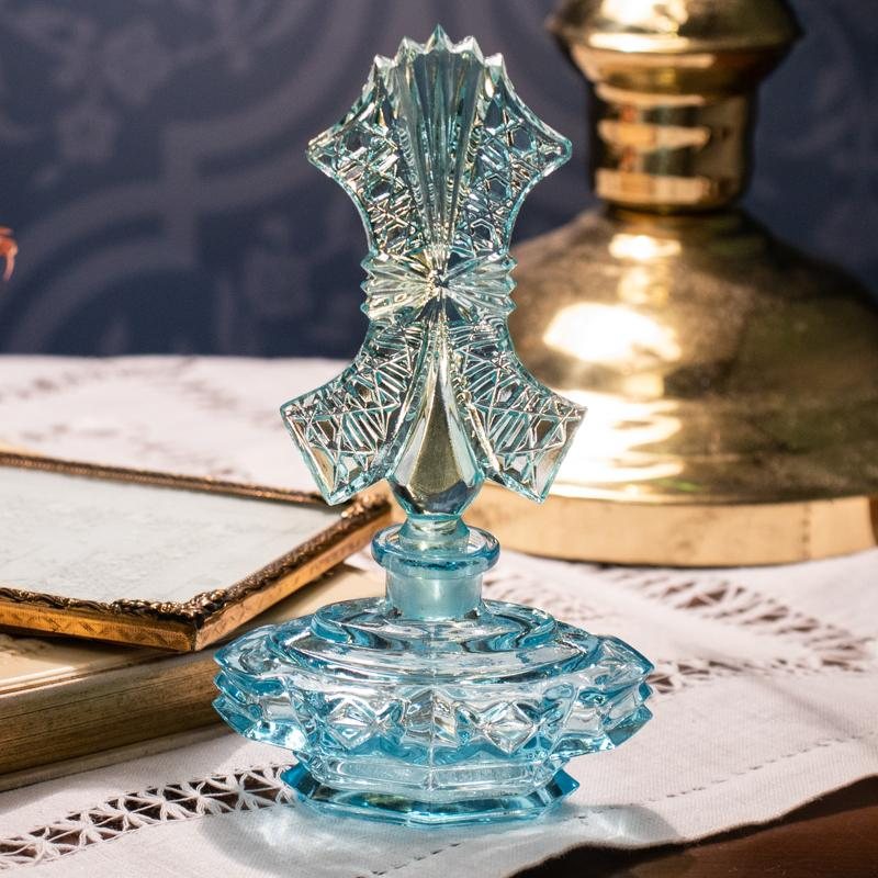 1960s Czechoslovakia Art Deco Inspired-Pattern Pressed Glass Vanity Perfume Bottle -Aqua Blue(MW013)