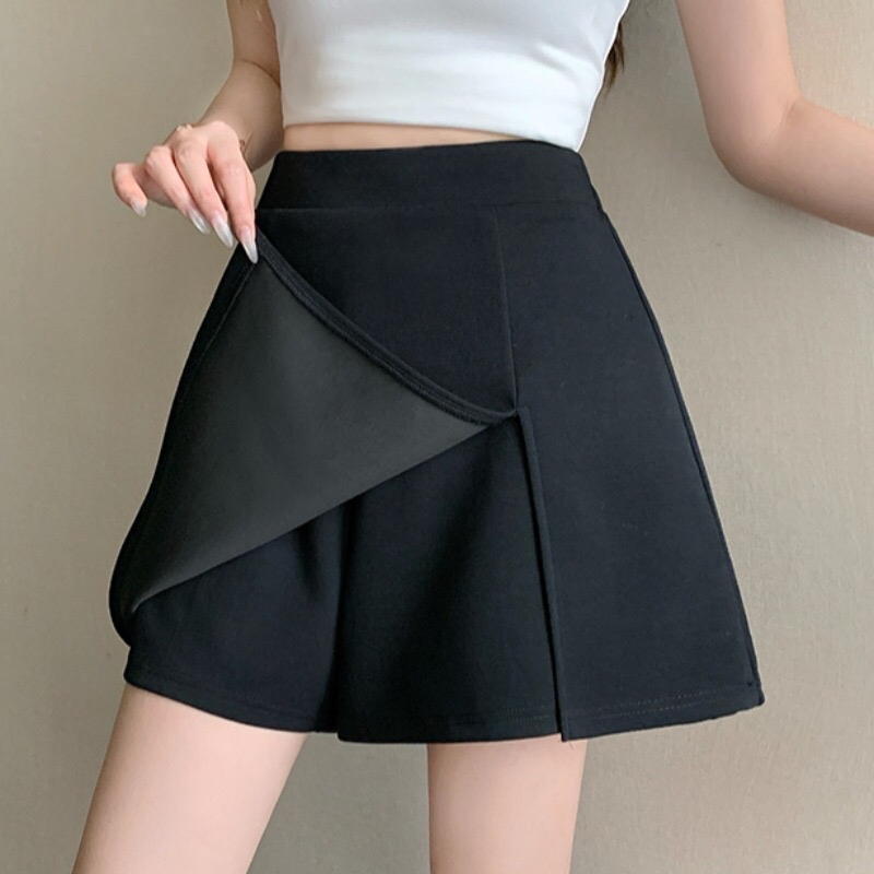 B318(24248) 韩版甜辣风显瘦下摆开角黑灰短裙