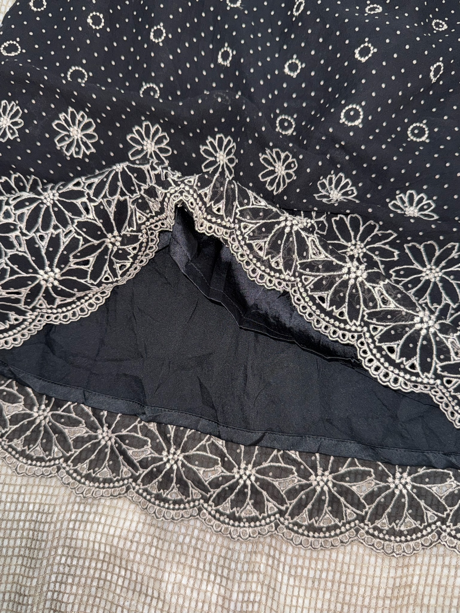 Black Polka Dot Skirt with Embroidered Daisy Border and Scalloped Hem