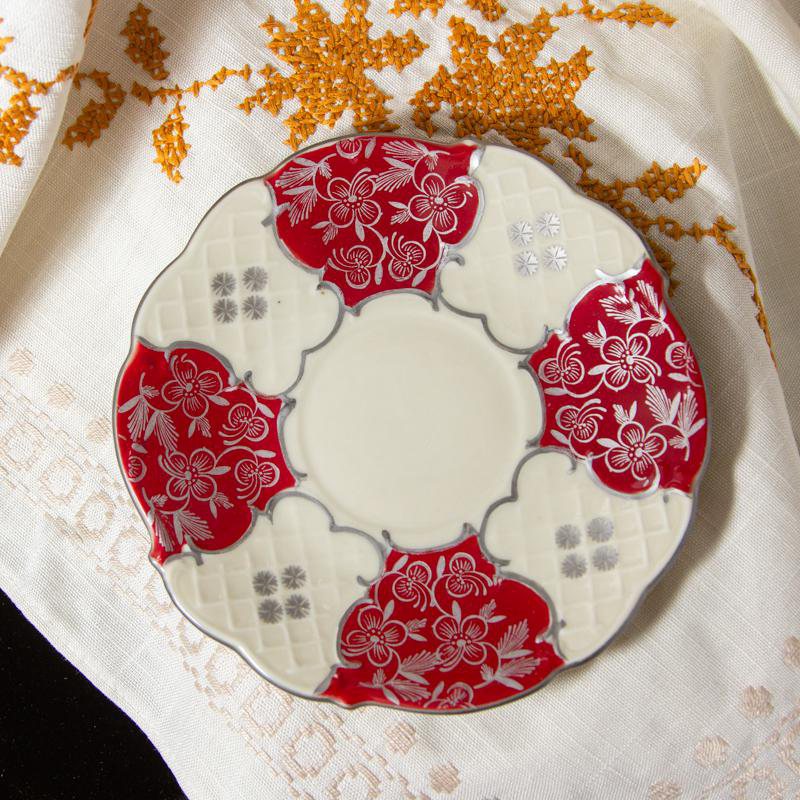 Vintage c.a. 1950s Unmarked Handpainted Floral Shape Red & Ivory Tea Set Trio from Germany (CB058)