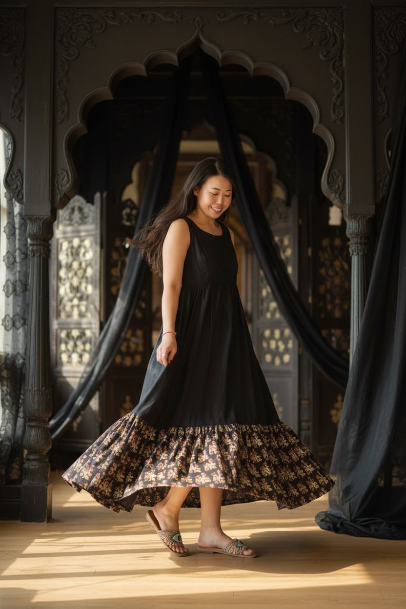 Simple Black x Floral Block Print Edge Sleeveless OP 51" #1354