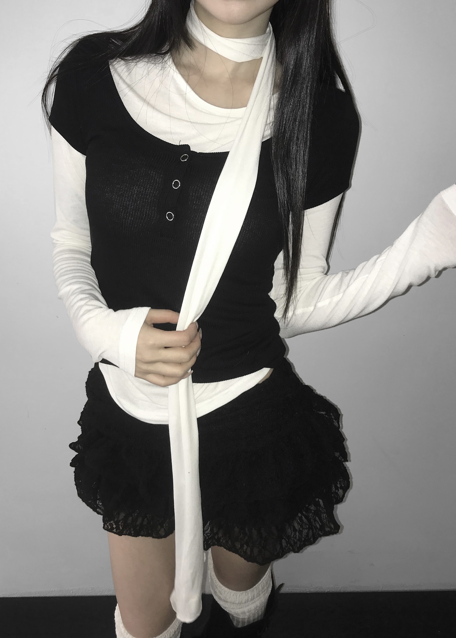 Ruched Button Long Sleeve with Scarf Tie