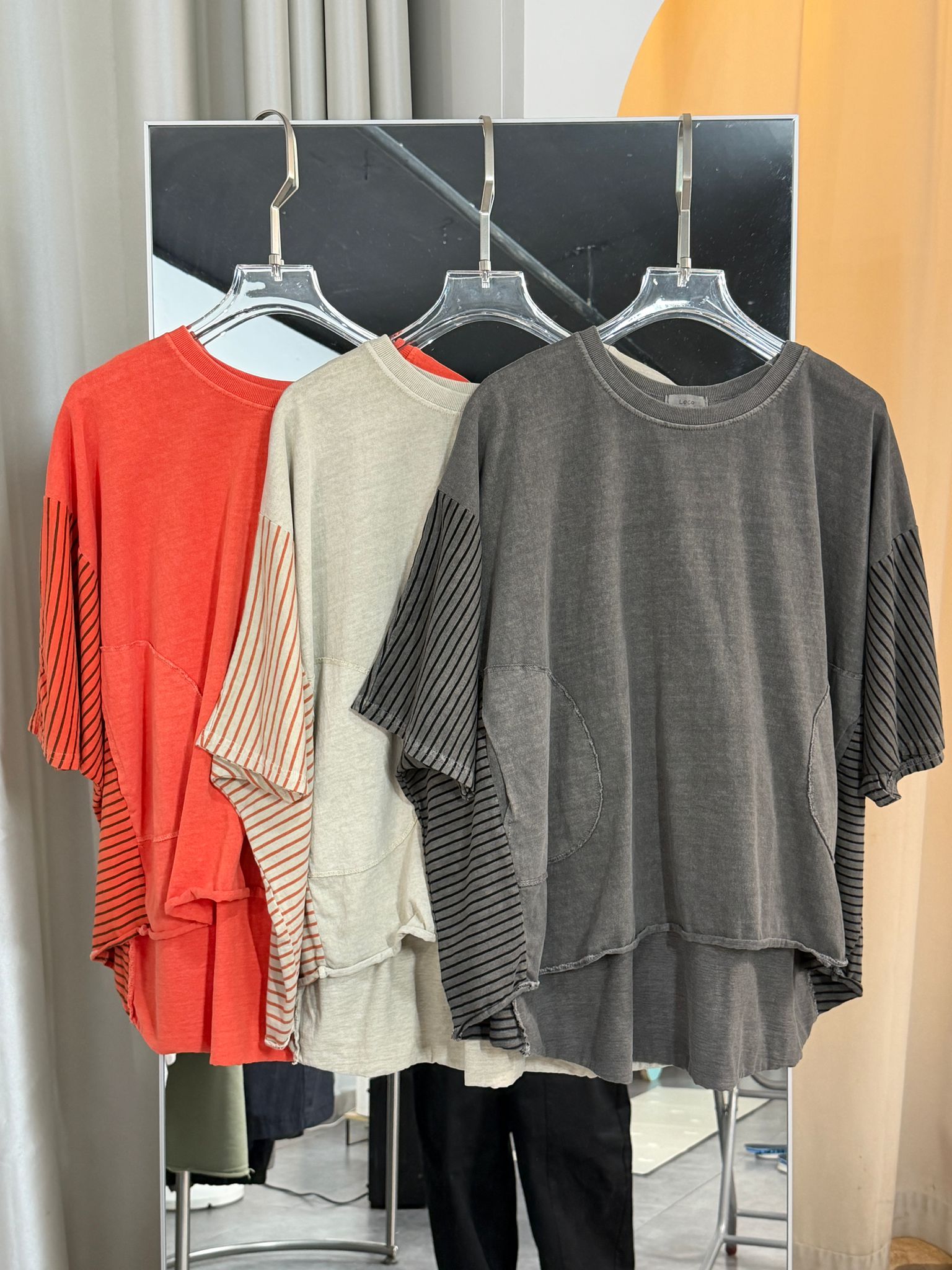 洗水撞色條紋拼接寬鬆休閒上衣