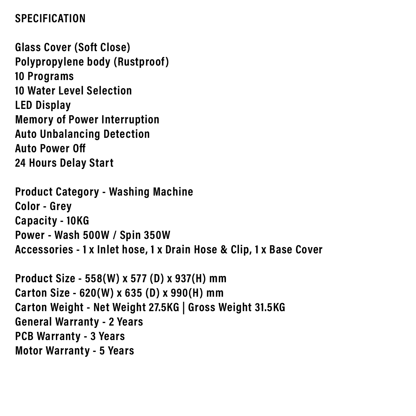 Faber 10kg Top Load Washing Machine FWM TL10GR