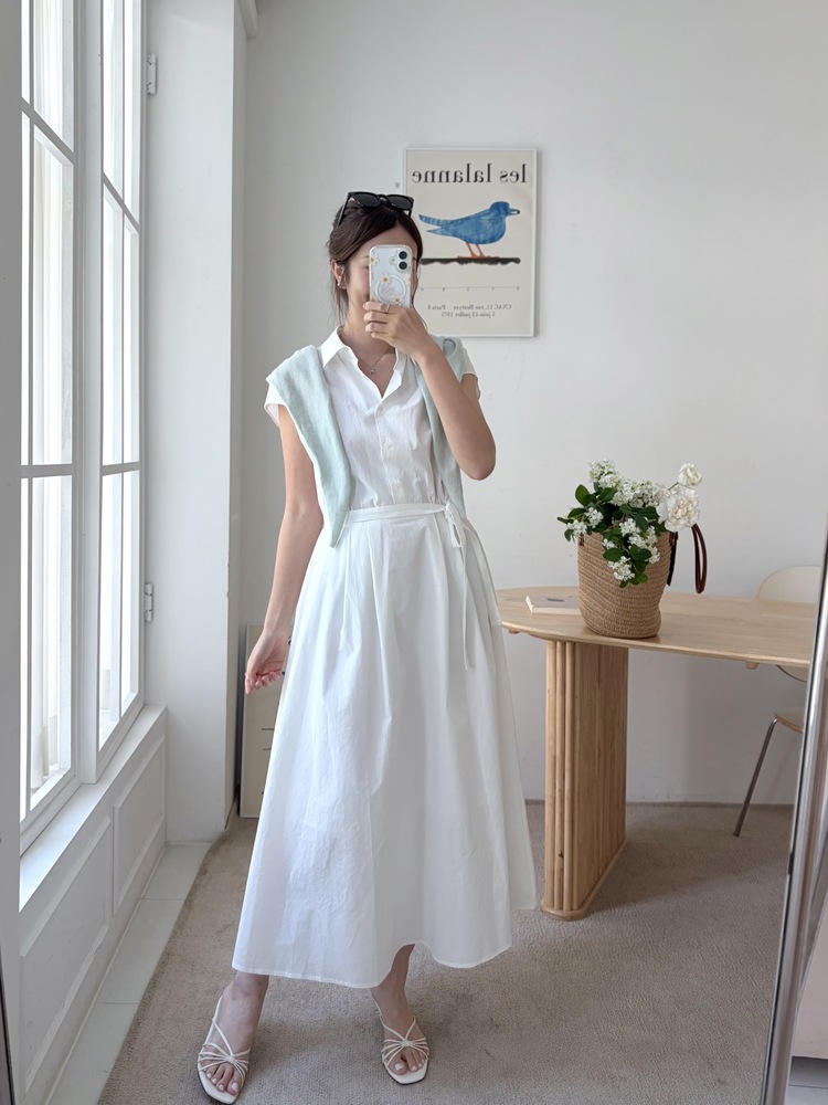 Elasticated Waist Shirt Dress (White)