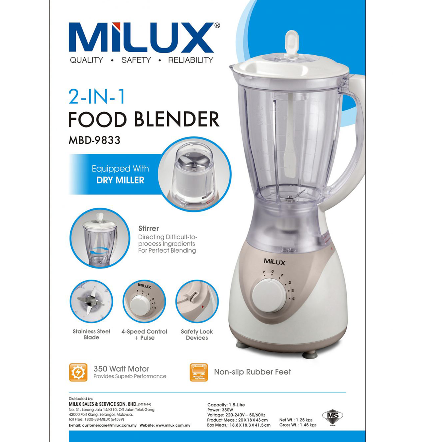 Milux 1.5L 350W 2-in-1 Blender (MBD-9833)