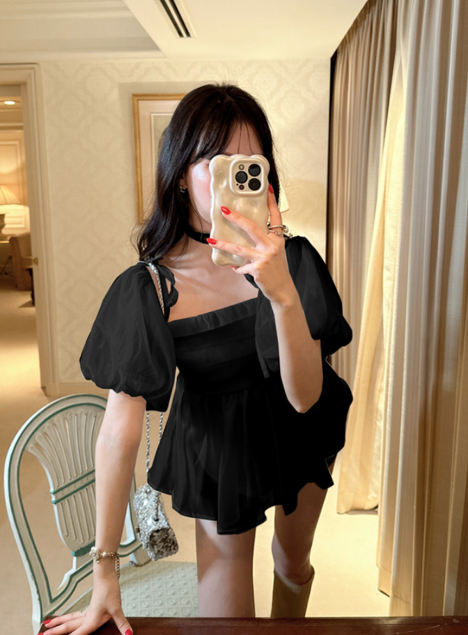 2 way透視褶邊荷葉邊上衣 [ta123]