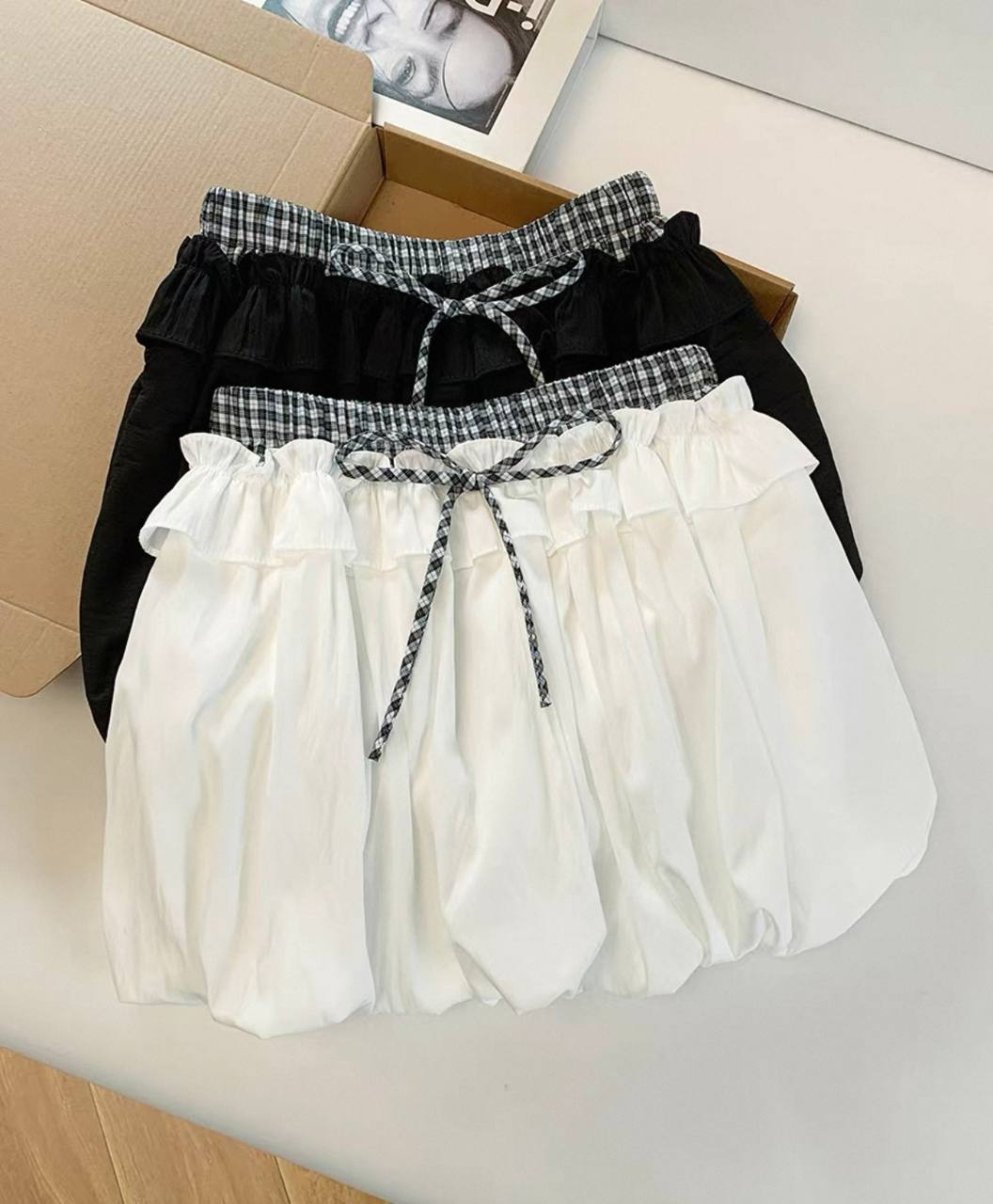 甜美芭蕾风格纹花苞裙 Balletcore Plaid Bubble Mini Skirt 