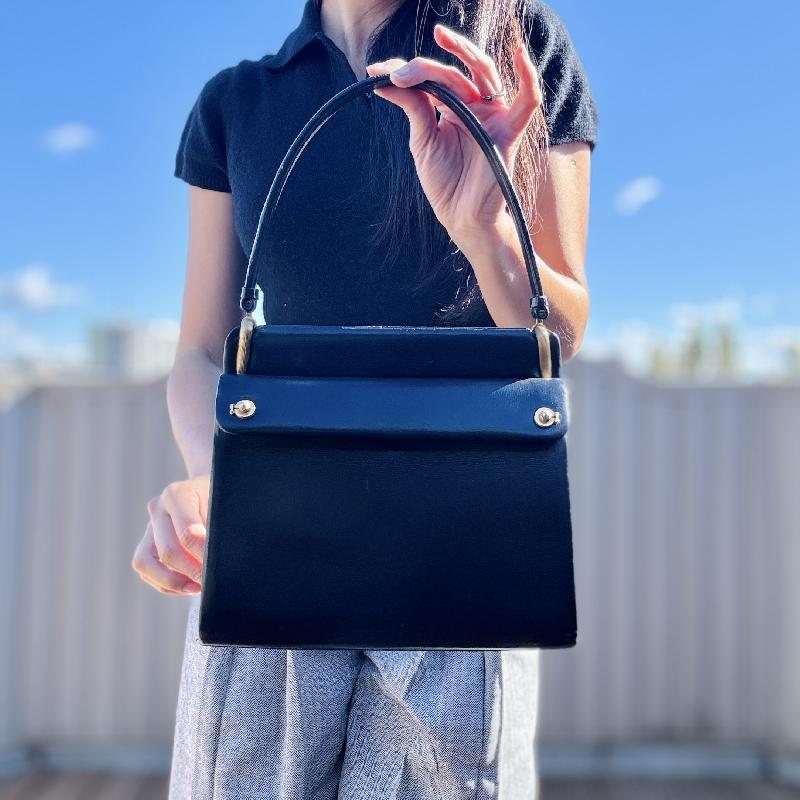 C.a. 1950-60s Elegant Navy Blue Structural Handbag with Golden Hardware (MT2123)