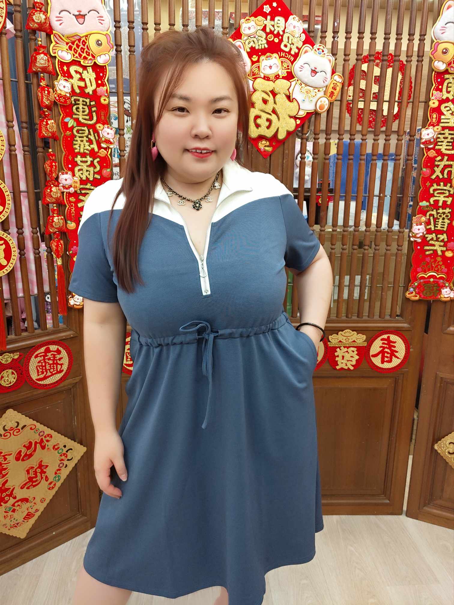 OTD08 CL181507 拼色拉链束腰连衣裙