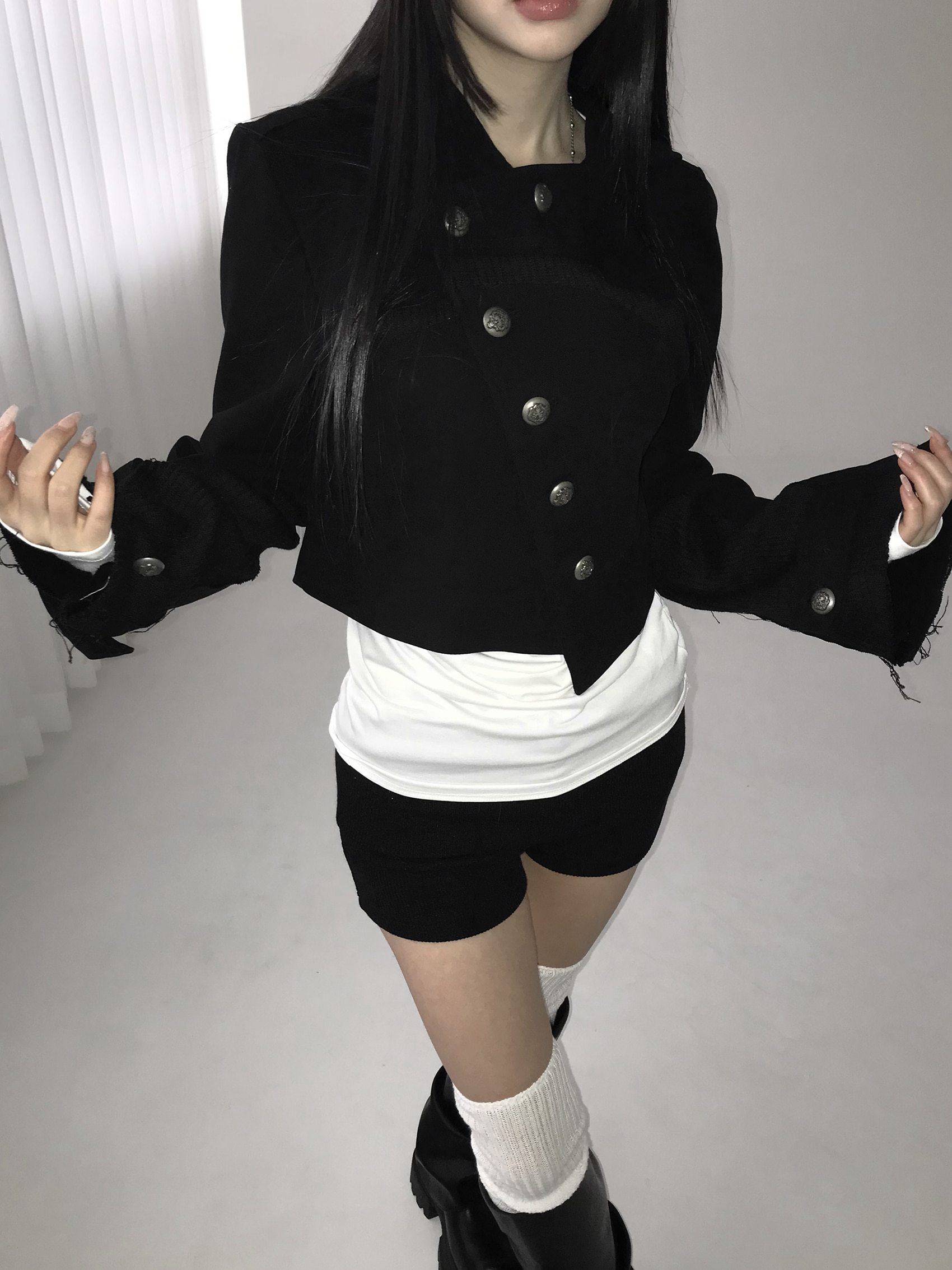 Asymmetric Raw-Edge Hooded Cropped Jacket