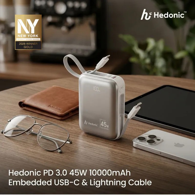 Hedonic #81082/ 81083 (3C追溯二維碼) PD 3.0 45W快充 10000mah嵌入式充電線流動充電池 [2色選擇]
