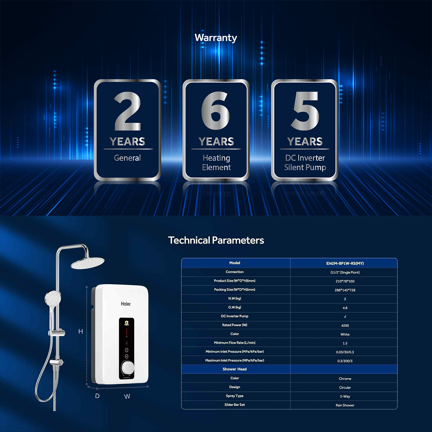 Haier 4.2kW DC Pump Rain Shower Water Heater (EI42M-BP1W-RS)