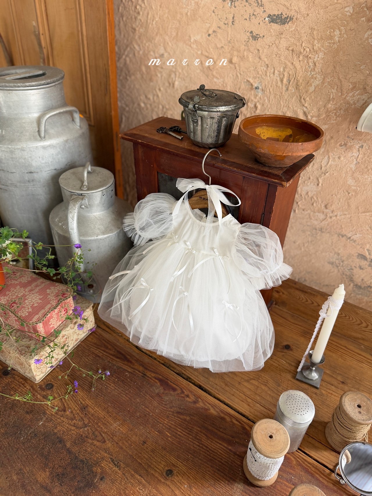 ☀️預訂 韓國直送☀️🇰🇷Marron兩色絲帶薄紗泡泡袖包屁裙