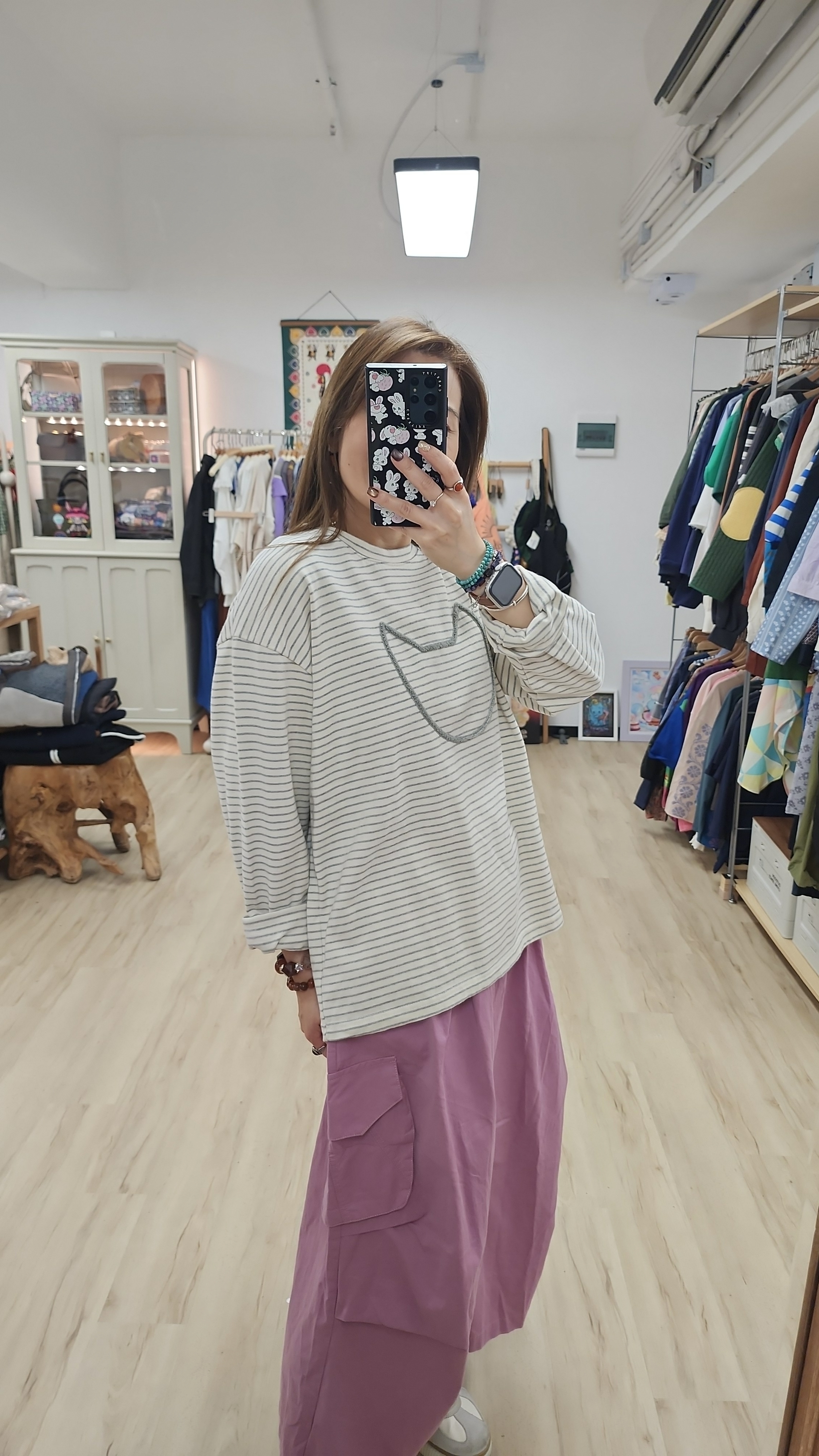 韓國米白拼灰間貓貓頭Tee