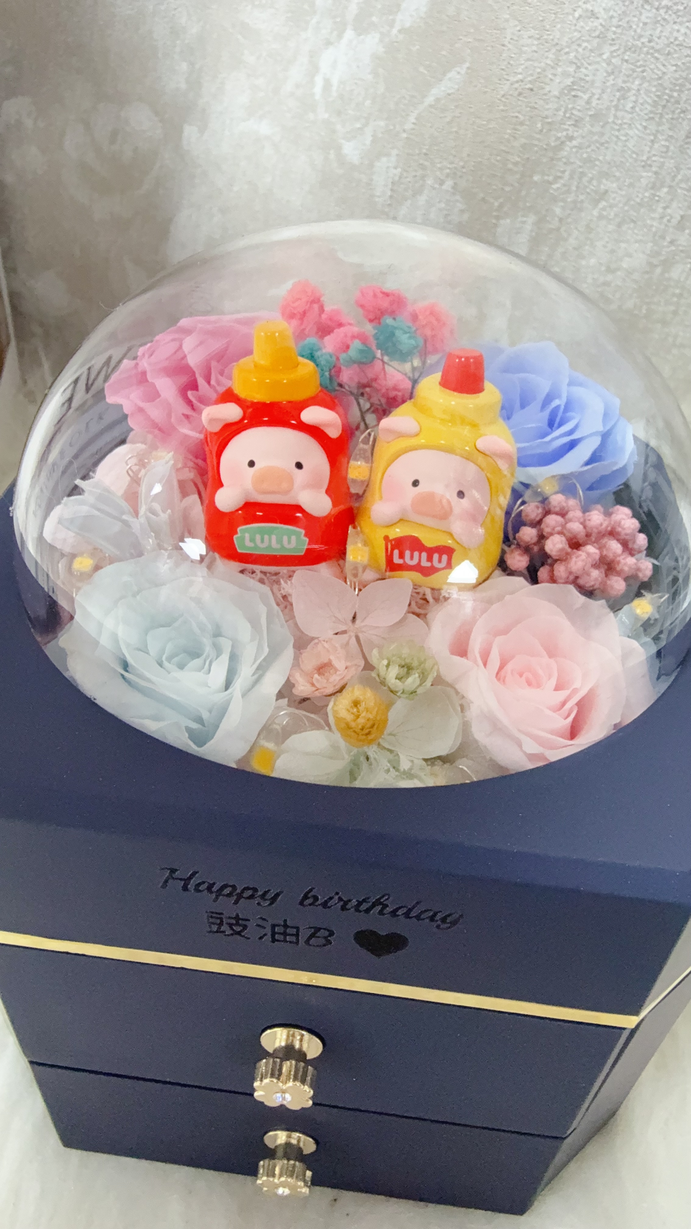 Lulu豬藍粉紅玫瑰永生花飾物盒
