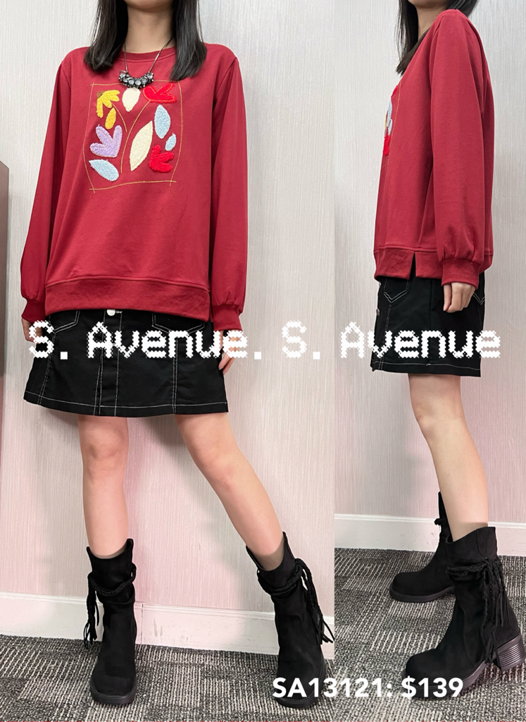 SA13121: 長袖植絨印樹葉圖案tee