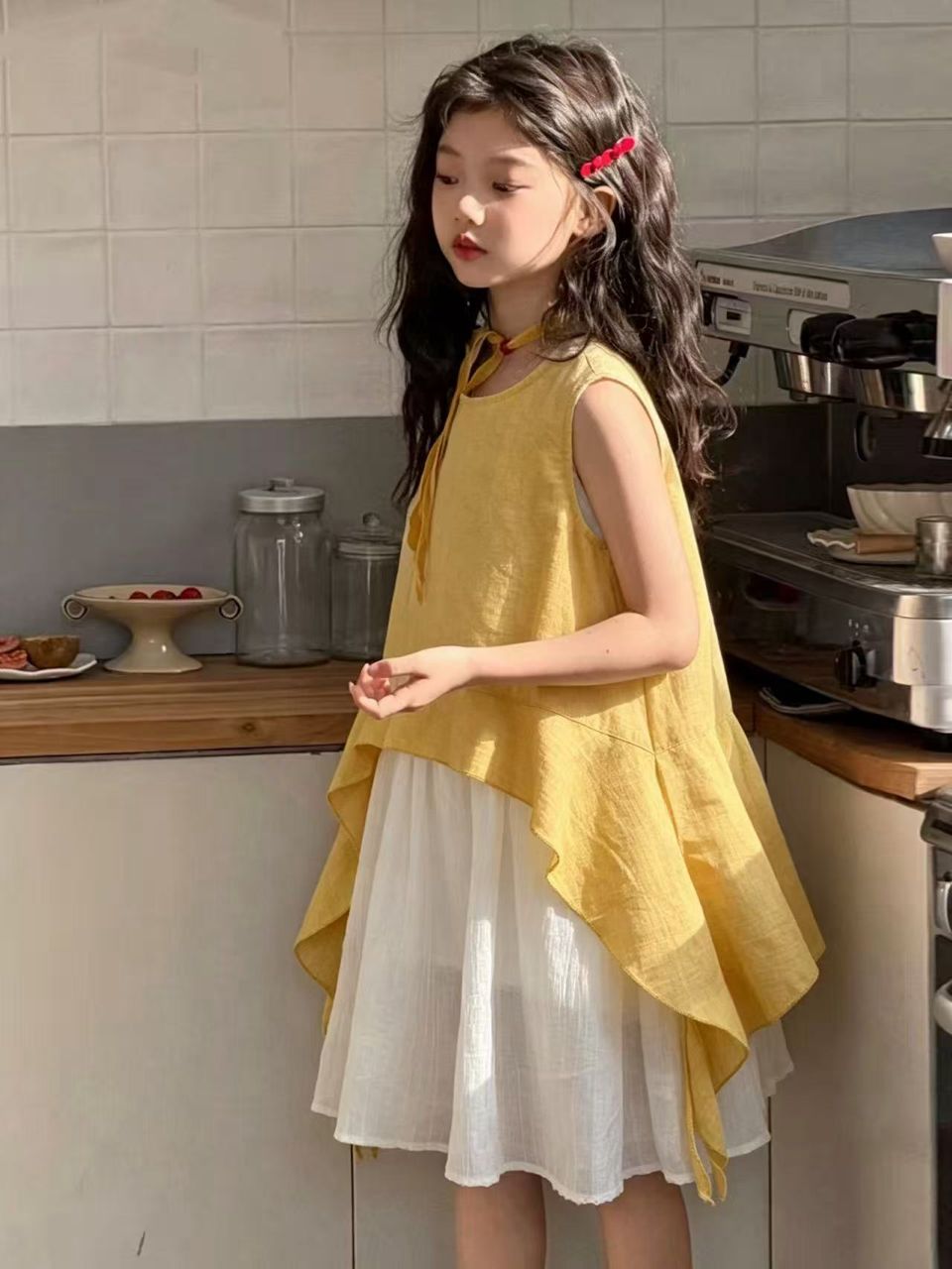 651719 | Girls' Layered Yellow & White Sleeveless Summer Dress with Asymmetrical Hem