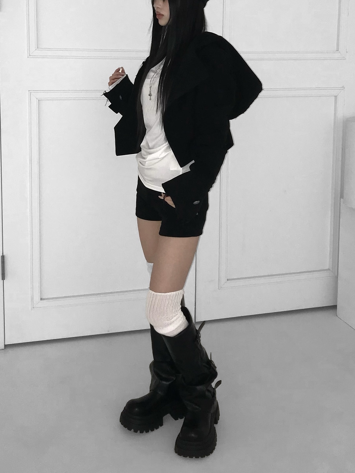 Asymmetric Raw-Edge Hooded Cropped Jacket