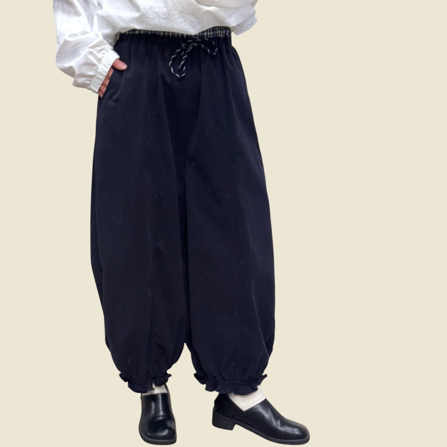 221488 格紋褲頭荷葉邊長褲