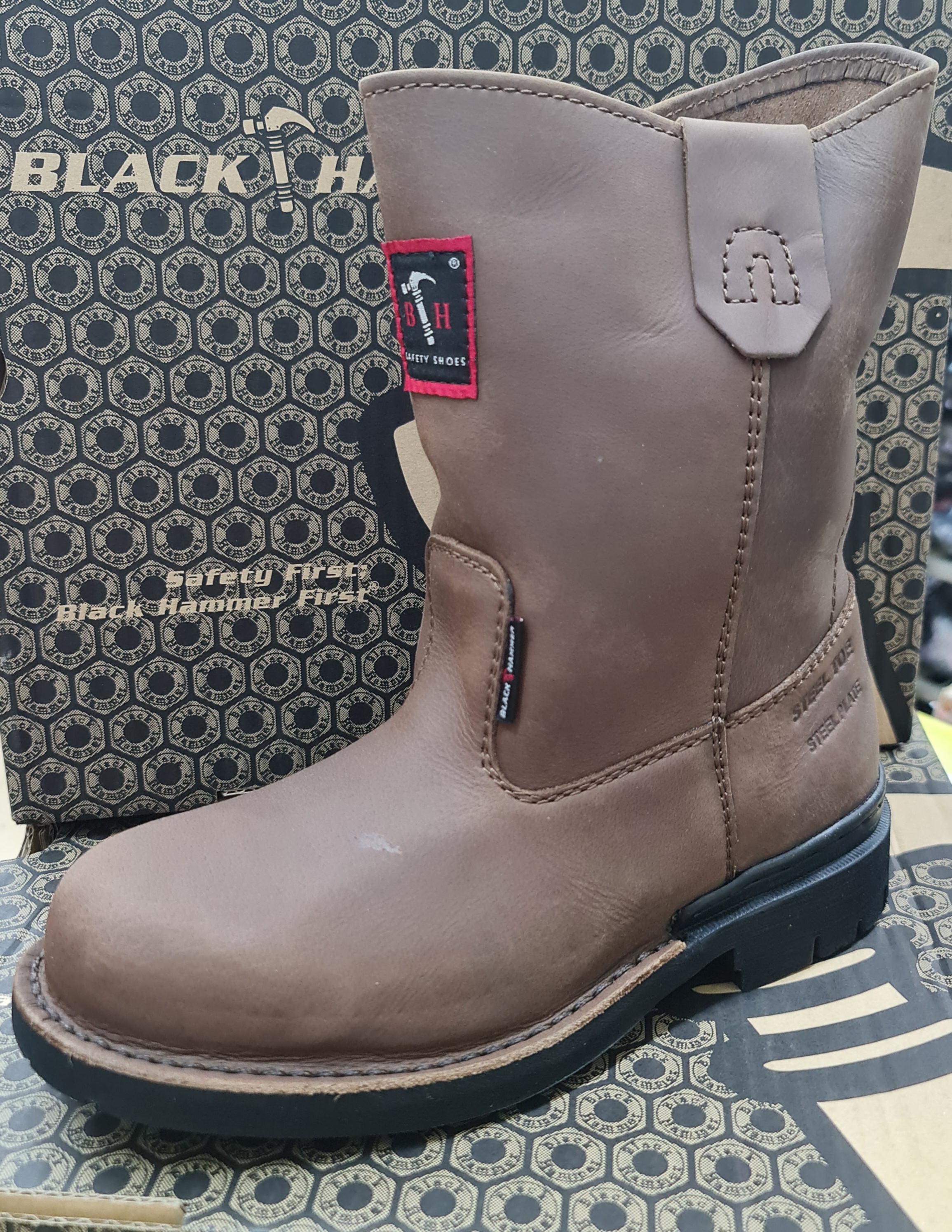 Black Hammer Men Safety High Cut With Slip On BH 4755 Steel Toe WHISKY BROWN MAROON Kasut Keselamatan