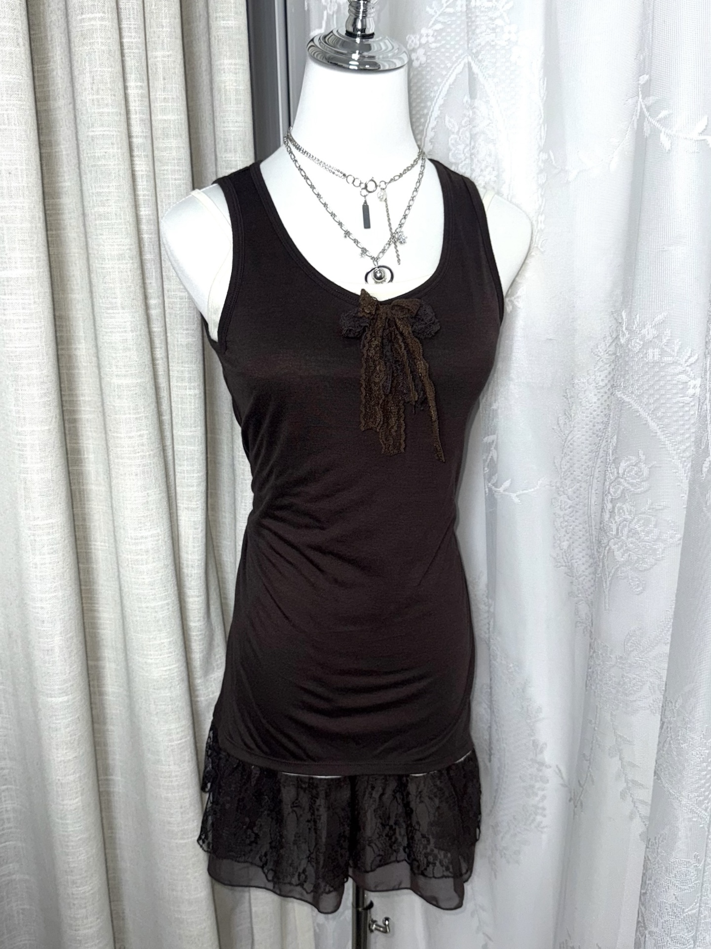 Mori Grunge Layered Crochet Cardigan & Chiffon Dress Set