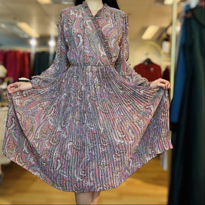 Vintage Purple Paisley Pattern Accordion Pleated Dress with Ruffle Trim (PP001-31)