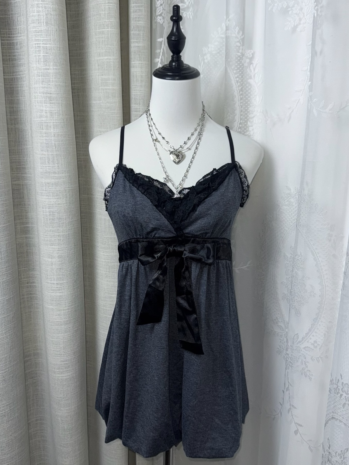 Lace-Trim Babydoll Dress with Satin Bow