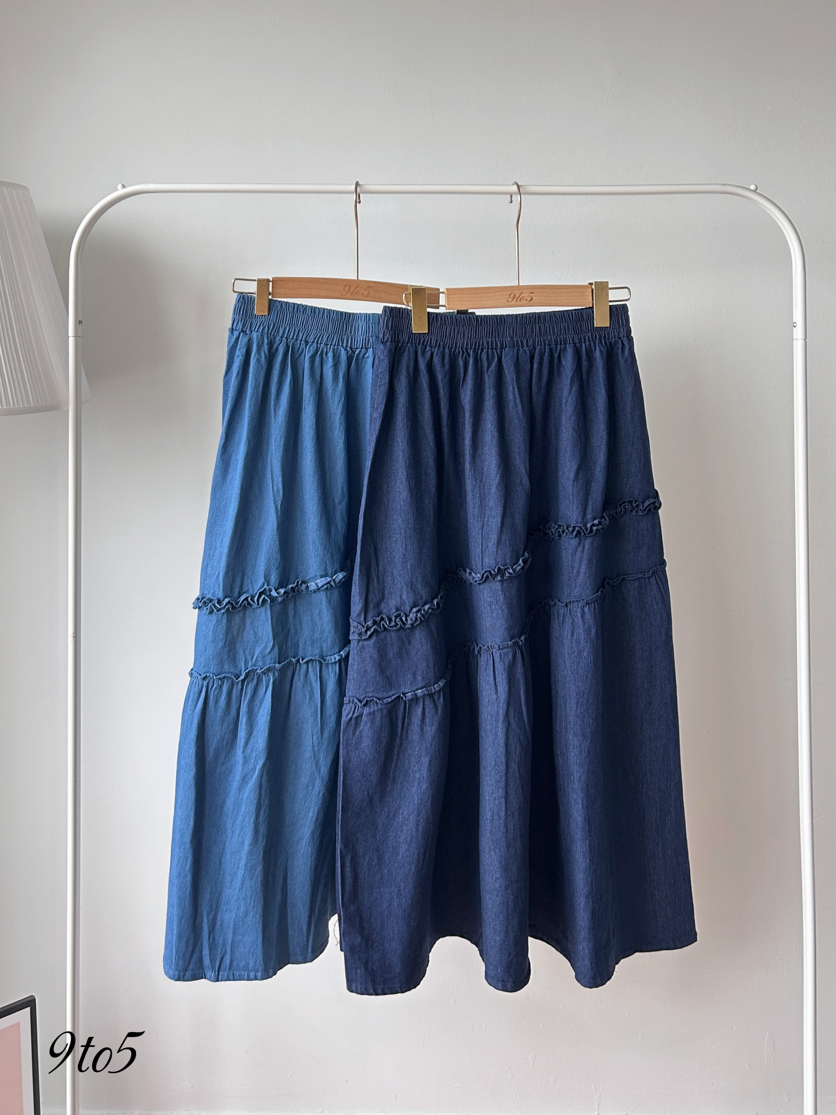 S2051 A Line Denim Skirt - Dark Blue & Light Blue
