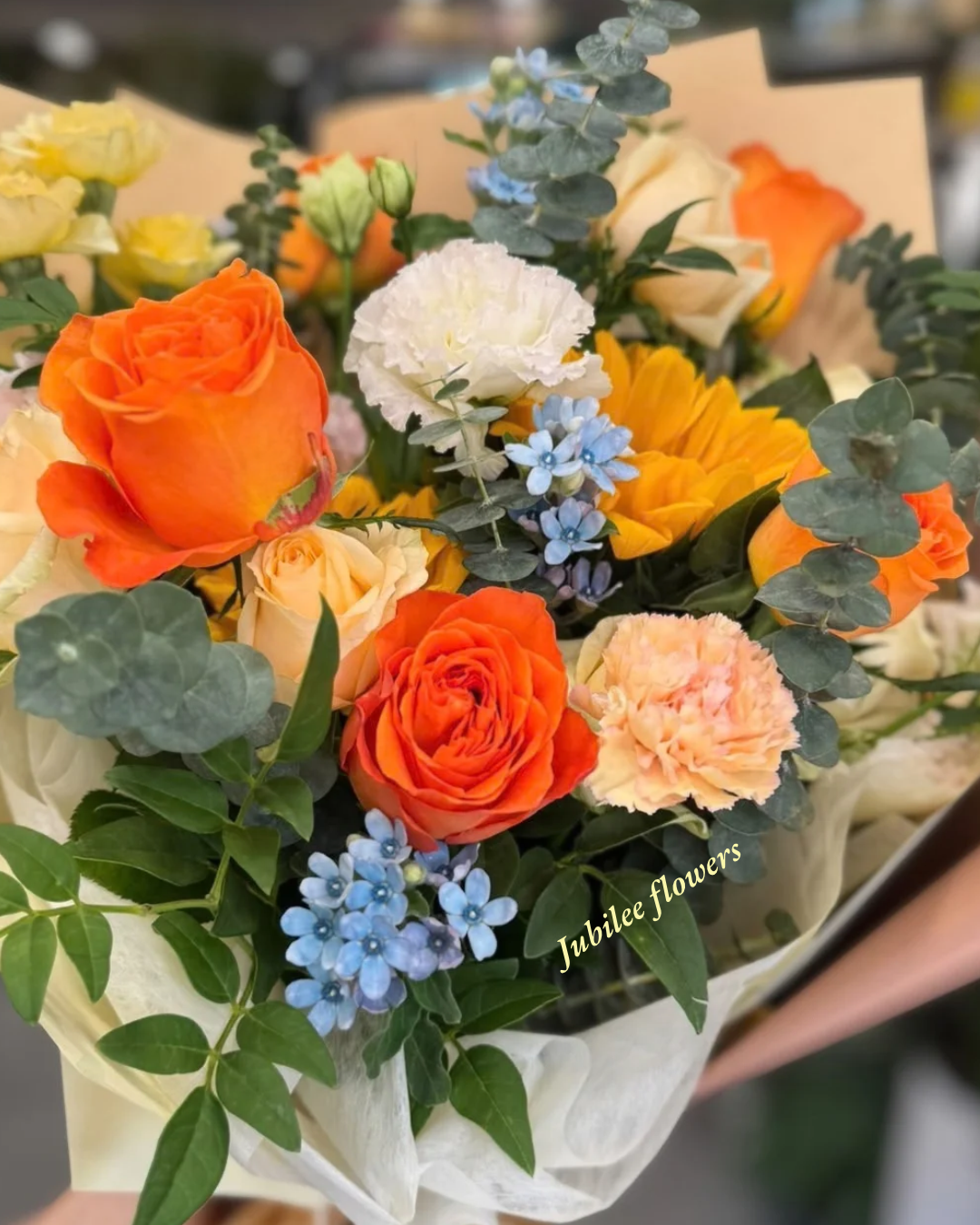暖橙橘色系玫瑰混搭花束