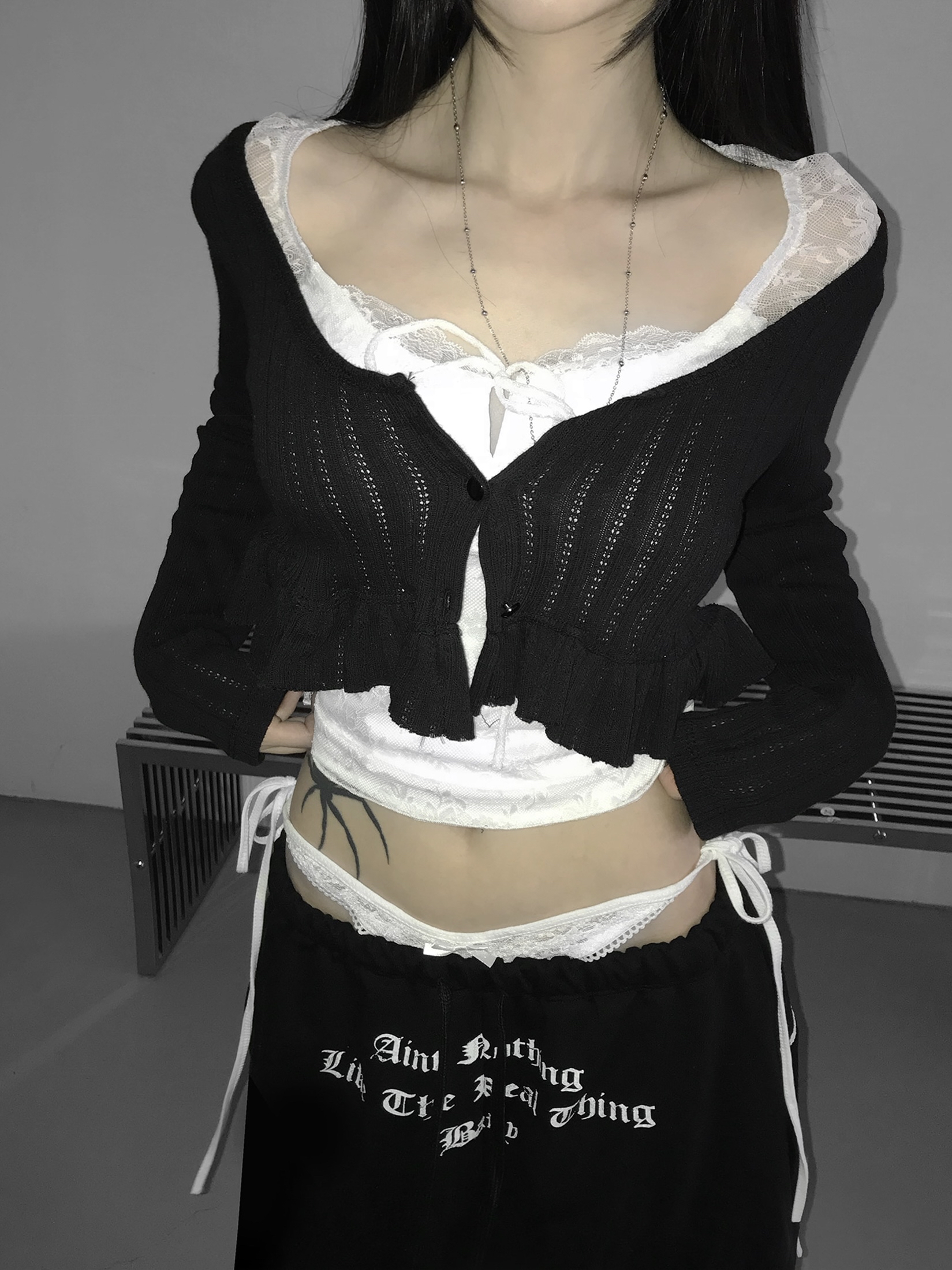 Layered Lace Waist Graphic Wide Leg Pants