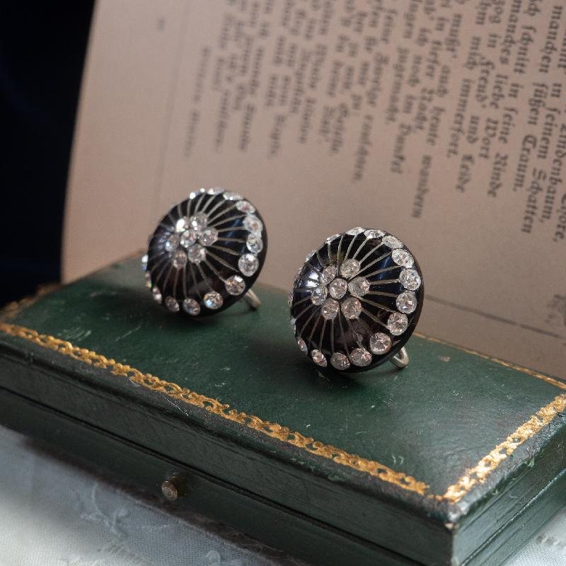 C.a. 1960s-80s Floral SunRay Sparkling Black Screw-back Earrings (MW155)