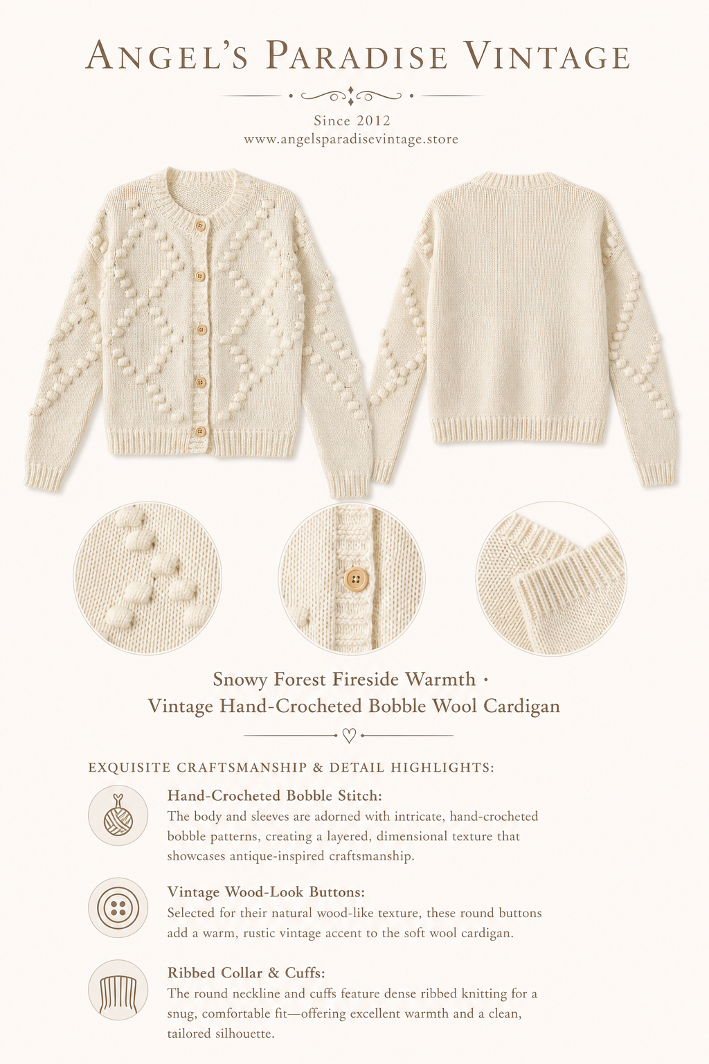 雪國森林的壁爐暖意 ∙ 鉤織立體波紋古董羊毛冷外套 Snowy Forest Fireside Warmth ∙ Vintage Hand-Crocheted Bobble Wool Cardigan