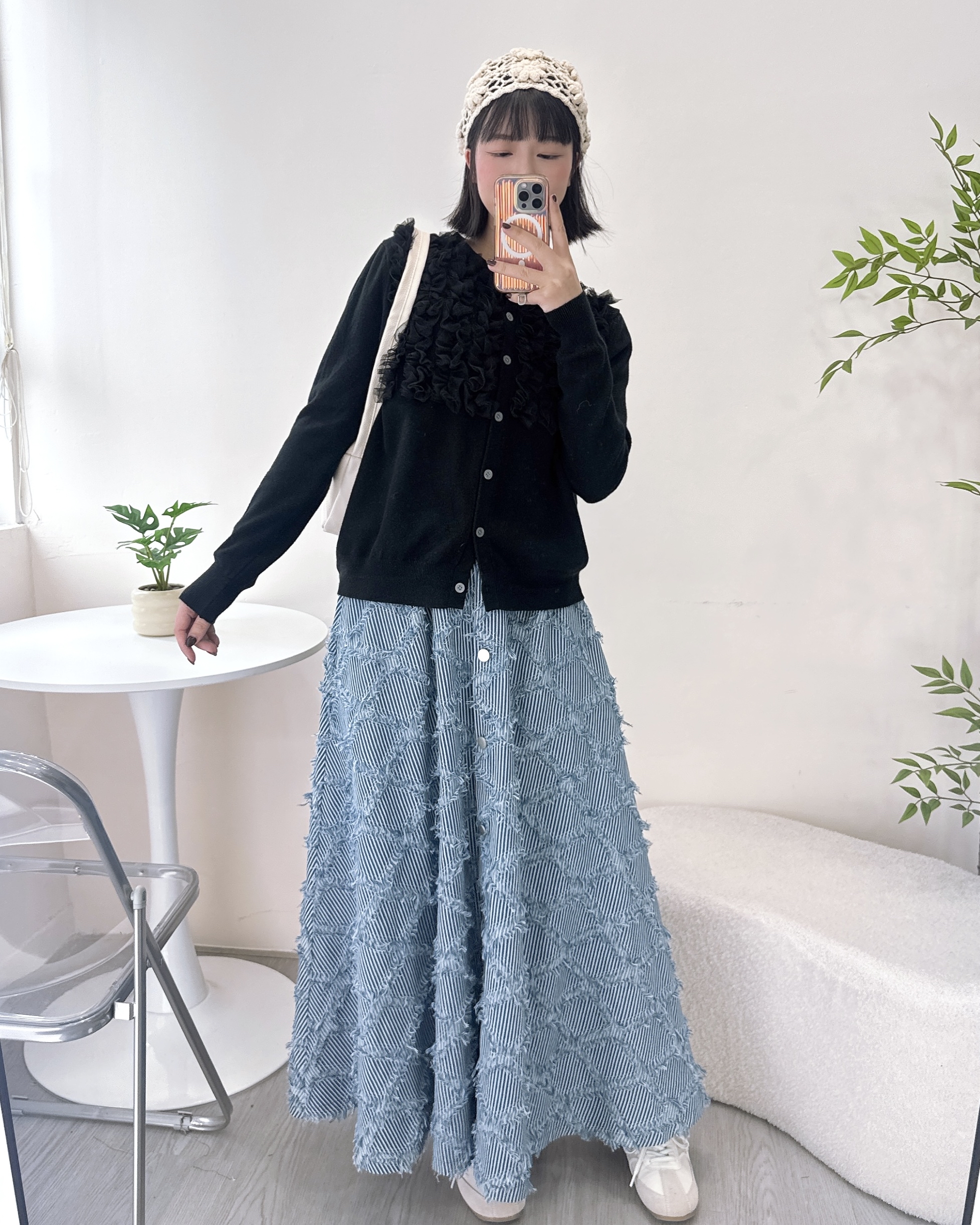 半橡筋菱格𠝹爛牛仔裙