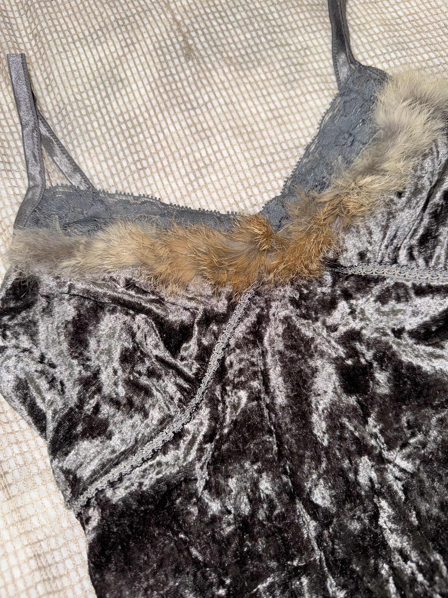 Whimsigoth Charcoal Grey Velvet Cami with Faux Fur Trim