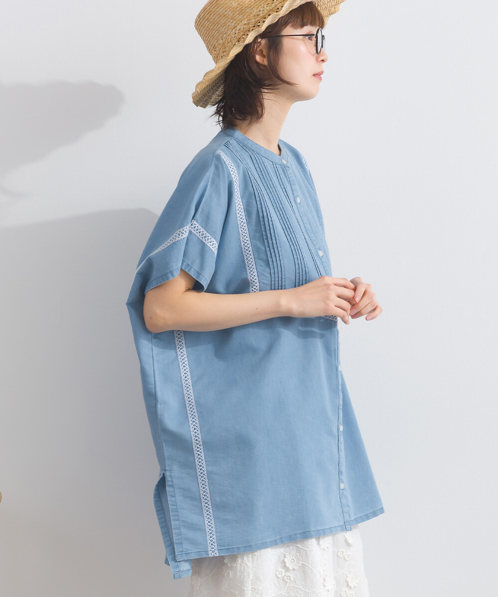 LP - 前片褶皺牛仔布襯衫 (藍色)