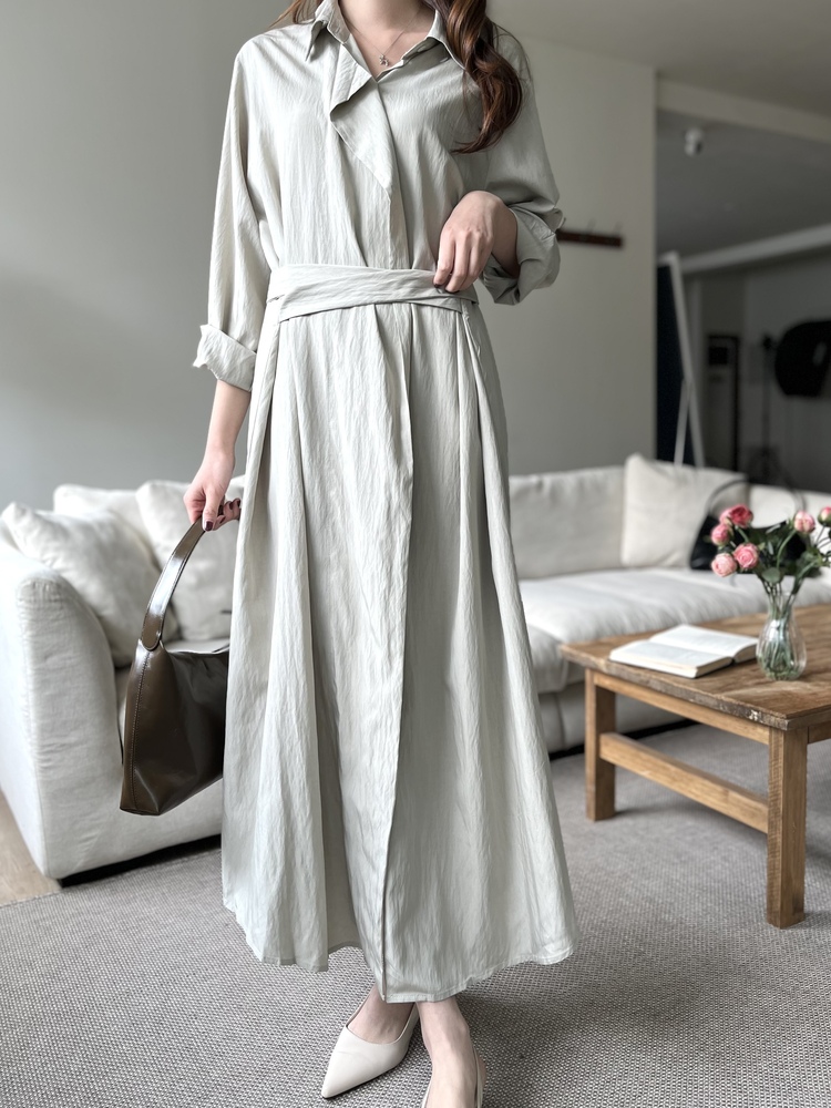 Minimal Belted Shirt Dress (Khaki)