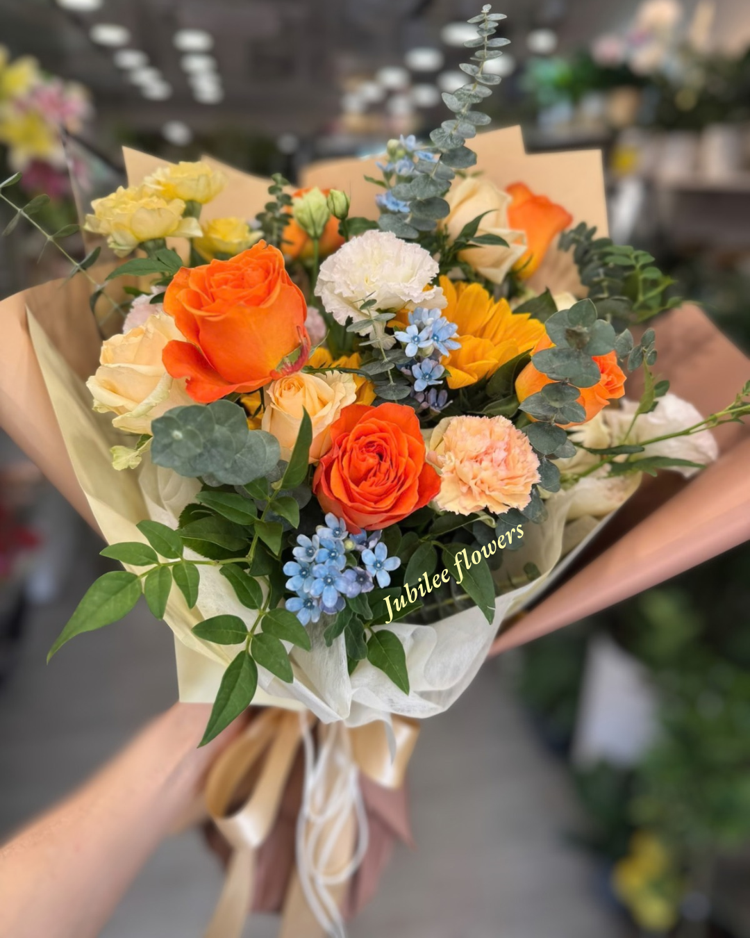 暖橙橘色系玫瑰混搭花束
