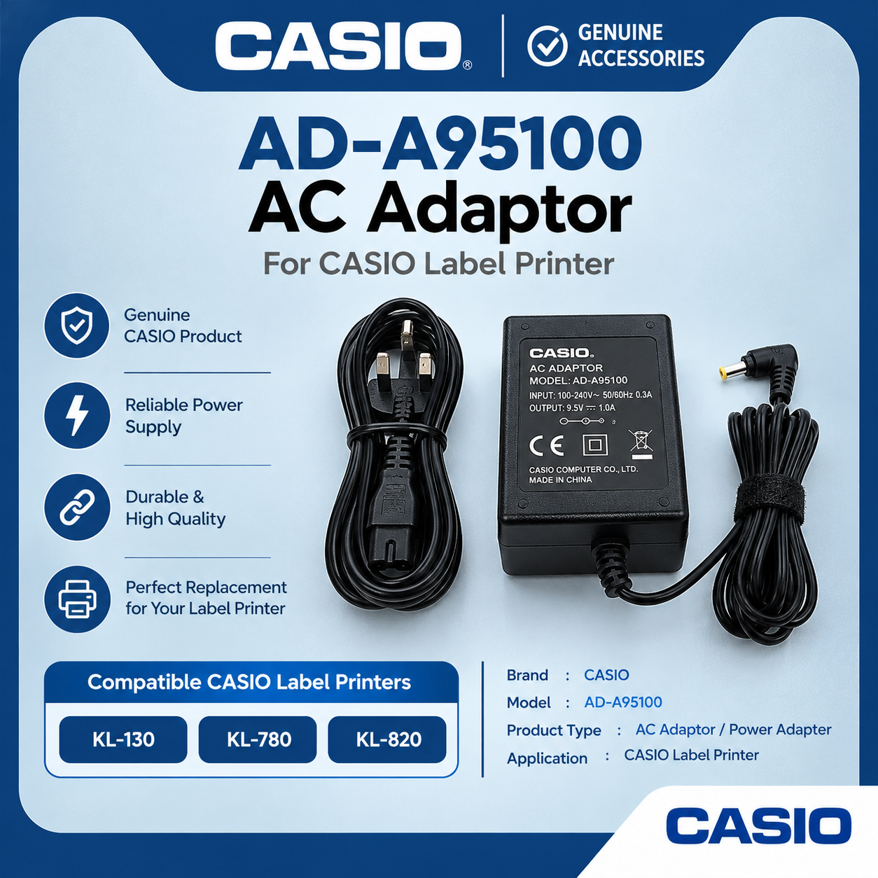CASIO AD-A95100 AC Adaptor for Label Printer KL-130 / KL-780 / KL-820