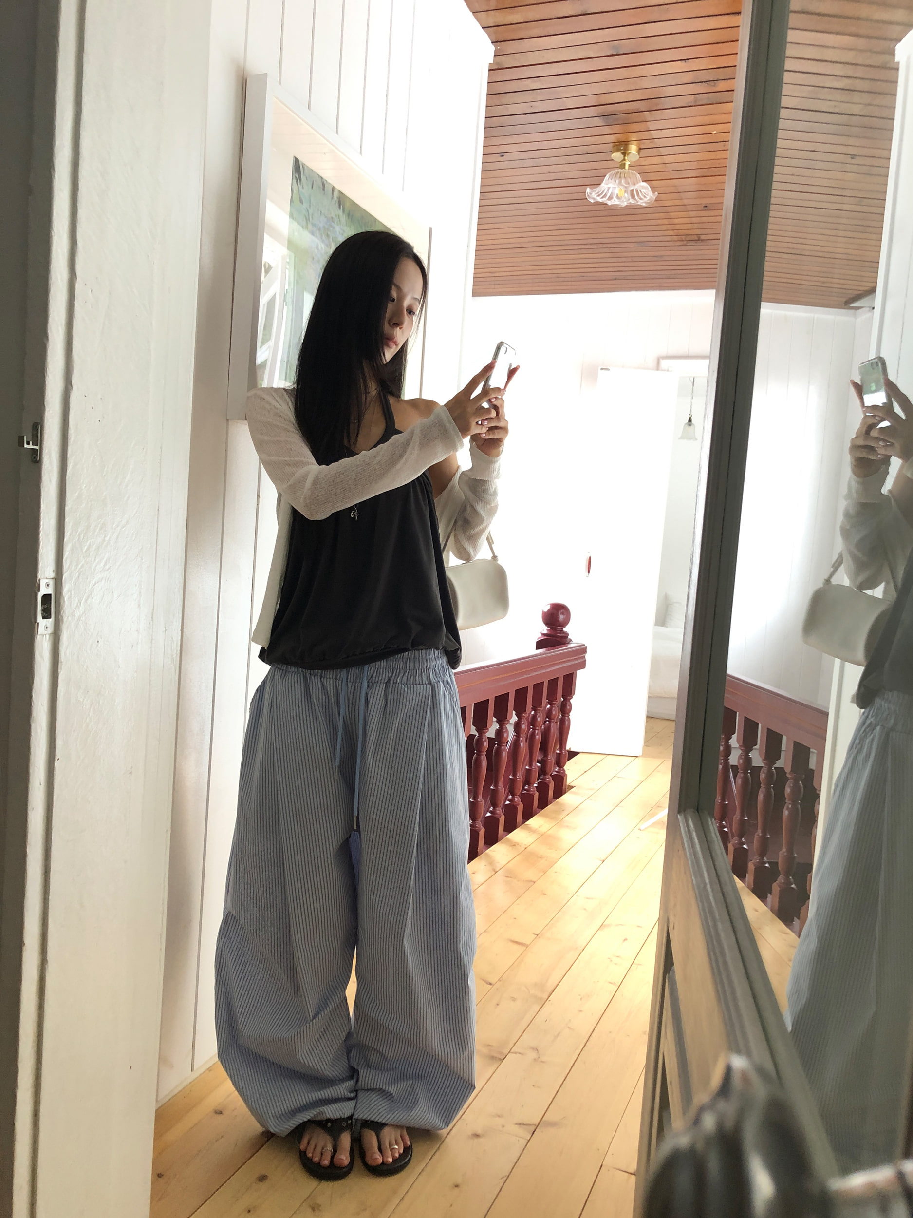 Pinstripe Pintuck Wide-Leg Pants