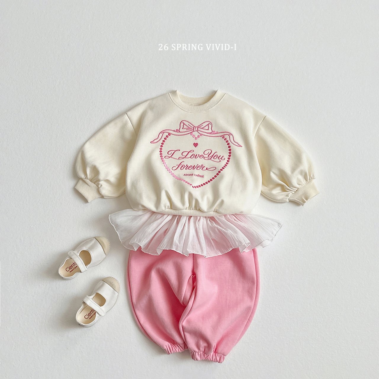 🌸預訂 韓國直送🌸🇰🇷VIVIDI三色永遠愛你心形刺繡泡泡袖喇叭褲上下套裝