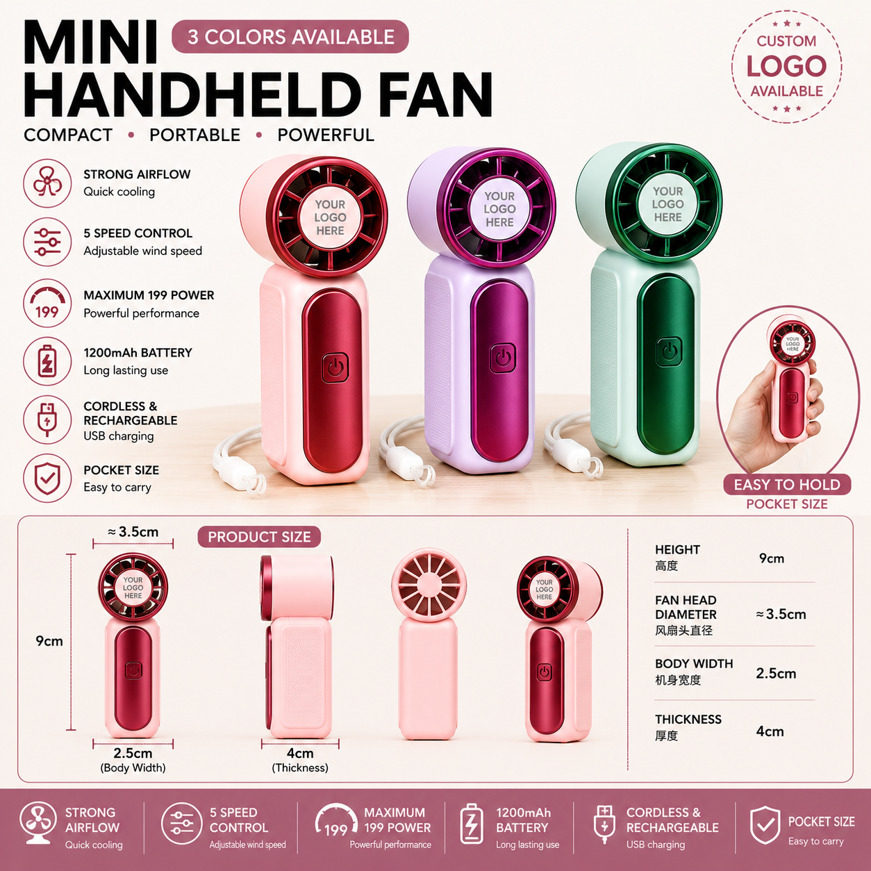 CUSTOM LOGO 丨 Mini Handheld Fan – 5 Speed | Max 199 Power | Rechargeable 